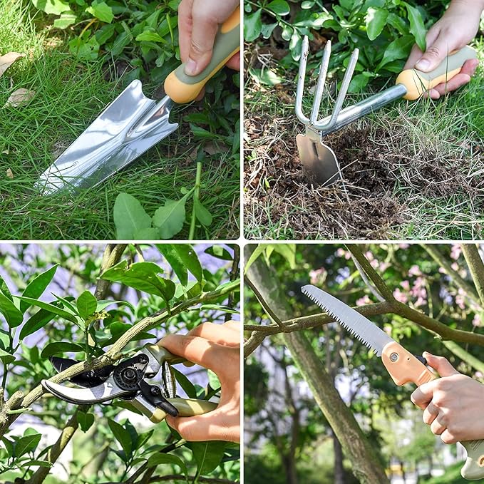 Garden Tool Set, WisaKey 9 Piece Stainless Steel Heavy Duty Gardening Hand Tools with Handle, Durable Garden Tool Bag, Gardening Gifts for Women and Men White Elephant Gifts