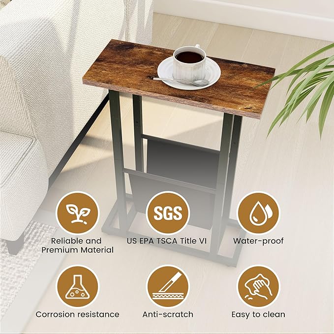 Narrow Side Table with PU Leather Magazine Holder Rustic Slim Little Thin Table for Living Room, Bedroom, Sofa, Rustic Brown