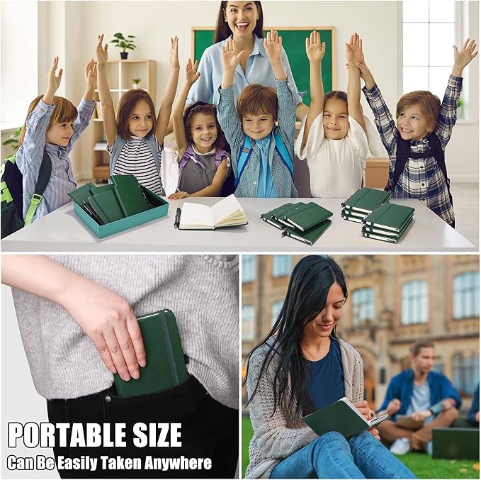 Aodaer 50 Sets Pocket Notebook Journal with Pens, 160 Pages, 3.5 x 5.5 Inch Mini Lined Journal Notebook A6 Leather Hardcover College Ruled Notepad with Pen Holder for School Office Gifts, Dark Green