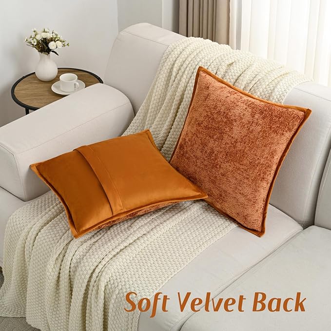 FUTEI Rust Chenille Throw Pillow Covers 16x16 Inch Set of 2,Soft Cozy Bound Edge Design Cushion Case,Home Decor for Couch Bed Living Room