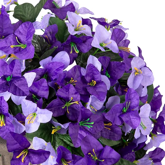 2 pcs Artificial Faux Bougainvillea Flowers Plants for Outdoor Outside Summer Decoration, Fake Silk UV Resistant Long Trailing Vines for Front Door Porch Planter Balcony (Purple Dark Purple)