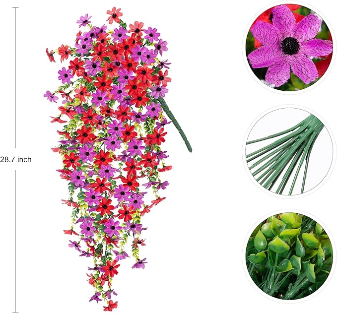 Fake Artificial Hanging Flowers for Outdoors Fake Plants Decoration, 2 Bundles Faux Silk Colorful Daisy Eucalyptus Realistic UV Resistant for Outside Home Planter Porch Patio Yard Decor(Purple Red)