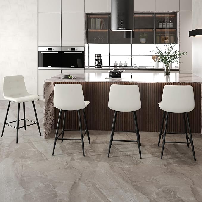 Bar Stools Set of 2,White Faux Leather Counter Height Bar Stools,24.6" Bar Chairs with Back Metal Footrest,Modern Counter Stool with Back and Footrest for Kitchen Island Restaurants Pubs