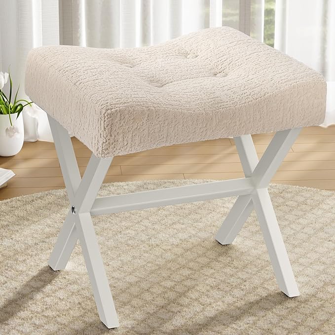 18-Inch Large Vanity Stool Chair, Vanity Bench with Metal X-Legs, Ottoman Accent Stool with Breathable and Soft Boucle Fabric Saddle Seat, Beige