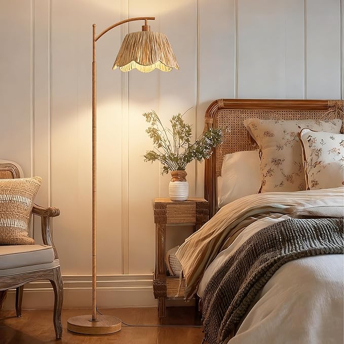 Oneach Boho Floor Lamp for Living Room with Remote & Dimmable Bulb, Farmhouse Floor Lamps with 3 Color Temperatures, Rattan Floor Lamp for Bedroom, Walnut