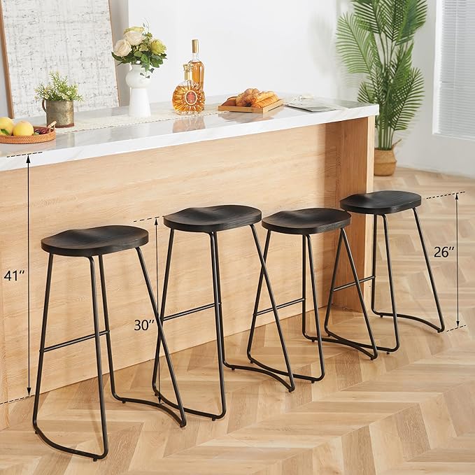 HeuGah Bar Stools Set of 4, Wood Saddle Seat Barstools for Kitchen Island, 30" Black Bar Height Stools with Footrest (Black, 4 PCS 30Inch Barstool)