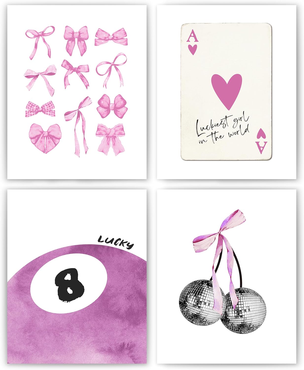 okaxscm Purple Coquette Trendy Preppy Wall Art Prints Set of 4, Coquette Preppy Room Decor Aesthetic, Purple Bow Disco 8 Ball Cherry Wall Decor Posters for Girls Bedroom Dorm, 8x10 Unframed