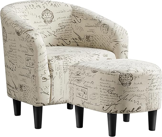 Yaheetech Modren Club Chair with Ottoman, Fabric Accent Armchair with Footstool, Upholstered Barrel Chair and Footrest for Living Room Bedroom Guestroom, Letter Print