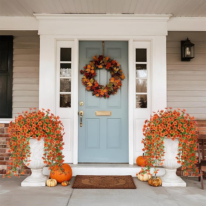 Fake Mums Artificial Hanging Flowers for Outdoor Fall Decoration, 2 PCS Silk Daisy Flower Realistic Faux Plants UV Resistant for Porch Patio Window Yard Outside Autumn Decor(Orange)