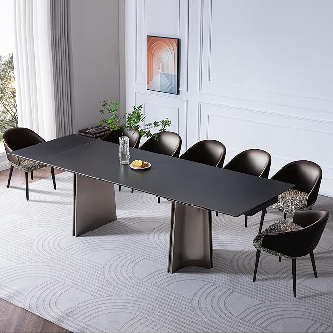 Extendable Dining Table for 8-12 Seat, Flexible Stretch, Tabletop Made from Rock Plate and Tempered Glass, Stable Stainless Steel Brushed Table Legs, 35.4"D x 106.3"W x 30.7"H, Pure Black