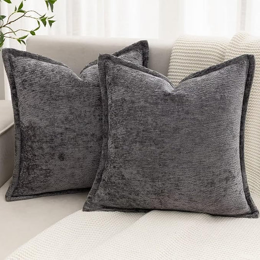 Grey Decorative Throw Pillow Covers 20x20 Inch Set of 2 Cozy Soild Chenille Cushion Cases Soft Textured Square Couch Pillows Cover Boho Accent Farmhouse Pillowcases for Sofa Bed
