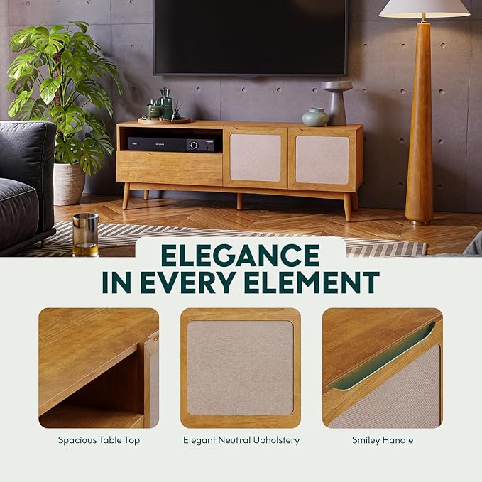 Calista TV Stand 1 Drawer 2 Door – Teak Brown Finish Media Console with Open Shelf & Fabric Panel Doors, Mid-Century Modern Style with Tapered Legs, Easy Assembly