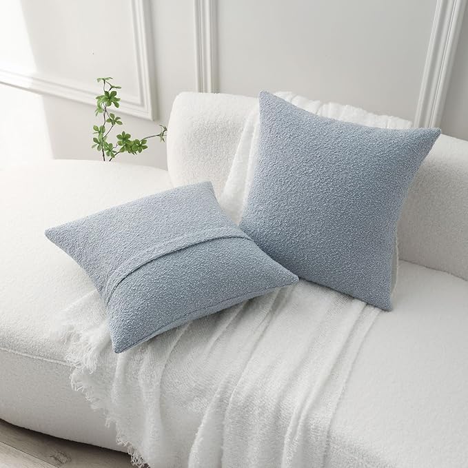 FUTEI Pack of 2 Dusty Blue Decorative Throw Pillow Covers 16x16 Inch Soft Cozy Solid Boucle Textured Cushion Case,Modern Home Decor for Couch Bed Living Room