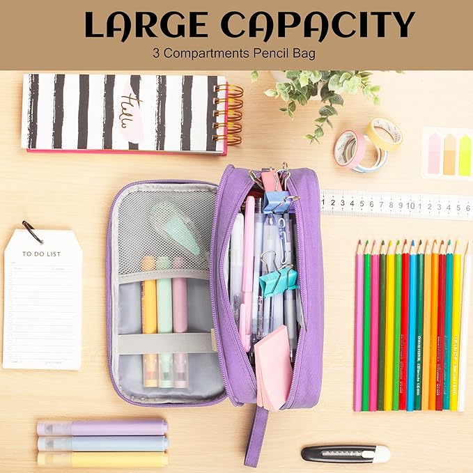 Pencil Case Big Capacity Pen Pouch Large Storage Holder Marker Pen Bag Durable 3 Compartment School Office Desk Organizer Portable Cute Zipper Stationery for Kids Teen Student Boys Girls Adults