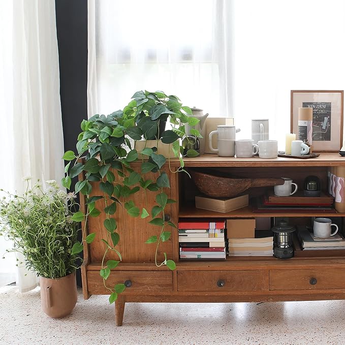 Fake Pothos Hanging Plants – Set of 2 Faux Ivy Vines with Pots, Realistic Silk Devil’s Ivy for Indoor Décor, Low Maintenance Artificial Greenery for Home or Office (Green)