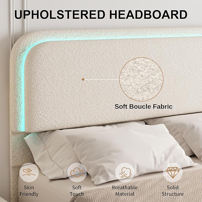Full Bed Frame, Soft Teddy Fleece Upholstered Platform Bedframe with Thickened Rounded Corners Headboard Footboard, Modern Curved Shaped Cloud Bed Frame with LED Lights, No Box Spring Needed, Cream