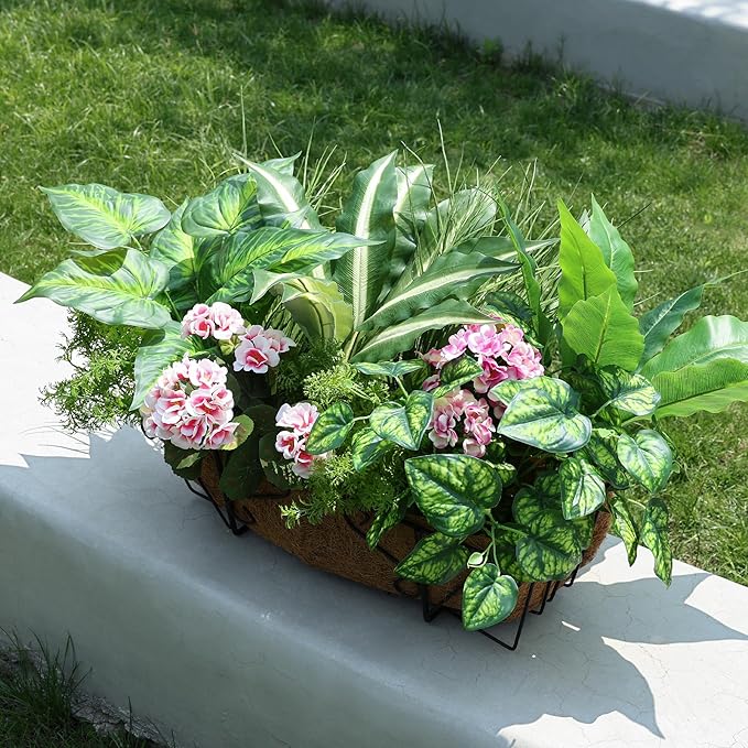 Artificial Greenery Plants & Flowers for Outdoor UV Resistant 10 Bundles Fake Plants Plastic Leaves with Stems for Outside Garden Porch Decor (Mixed-PurplePink)