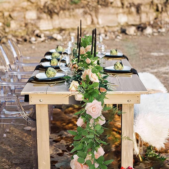 Felice Arts 2 Pack Pink Artificial Rose Garland Each 6.5FT Fake Rose Vine Hanging Floral Garland for Wedding Swing Table Centerpiece Arrangement Decor