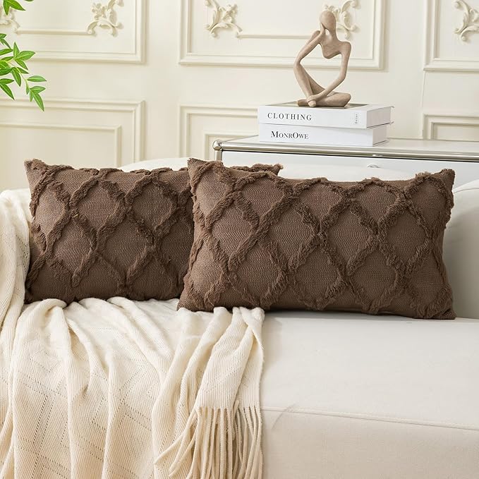 Set of 2 Soft Moroccan Throw Pillow Covers 12x20 Inch Plush Boho Decorative Pillow Cover Accent Cushion Case for Couch Sofa Bed, Deep Brown