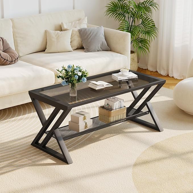 Glass Coffee Table Living Room Table with Storage Shelf, Grey Glass Table Simple Modern Rectangular Tables with Sturdy Black Metal Frame,Industrial Glass Coffee Table for Bedroom Home Office
