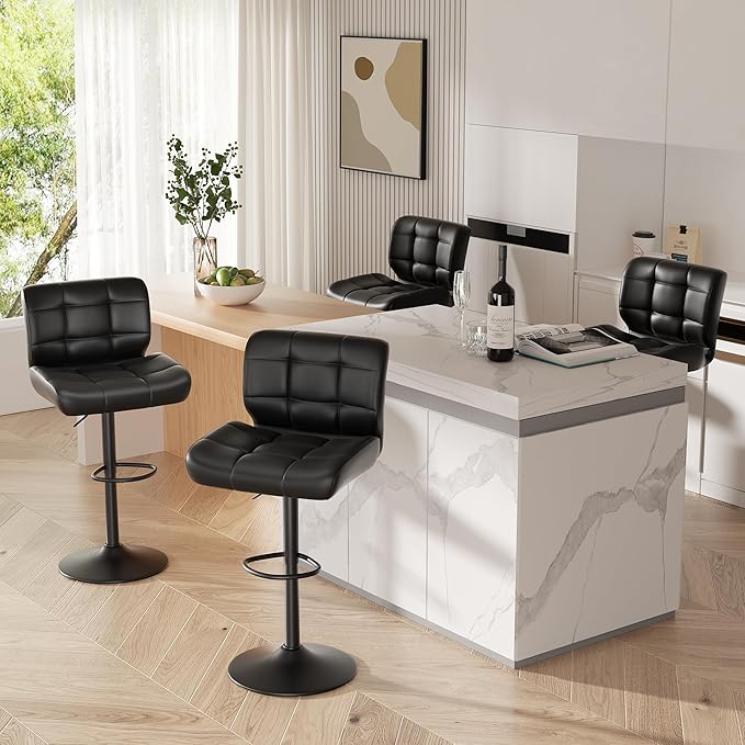 Modern Bar Stools Set of 4, Faux Leather Upholstered Swivel Bar Stools, Adjustable Counter Height Bar Chairs with High Back and Footrest for Kitchen Island (Black)