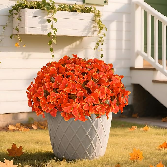 Ivydale Artificial Fall Flowers for Outdoors, 4 Bundles Faux Silk Bougainvillea Flower Plants Fake Outdoor Flowers for Planter Patio Porch Window Garden Home Decoration, Fall Orange