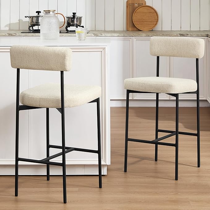 Counter Height Bar Stools Set of 4, Modern Upholstered Bar Stools with Back, Linen Counter Height Chairs with Metal Legs and Padded Cushion for Kitchen Island, Home Pub and Bars, Beige