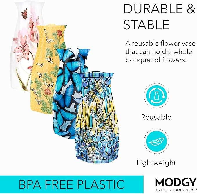 MODGY Expandable Flower Vase Set, Plastic Decorative Modern Foldable Printed Vases for Centerpieces for Wedding, Dining Table, Home Decor, Living Room, Bathroom, Office, Jacob Marrell Tulips, 4 Pack