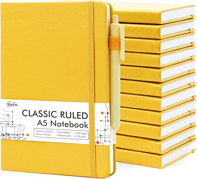 12 Pack Notebooks Journals Bulk with 12 Black Pens, Feela A5 Hardcover Notebook Classic Ruled Journal Set with Pen Holder for School Business Work Travel Writing, 120 GSM, 5.1”x8.3”, Yellow