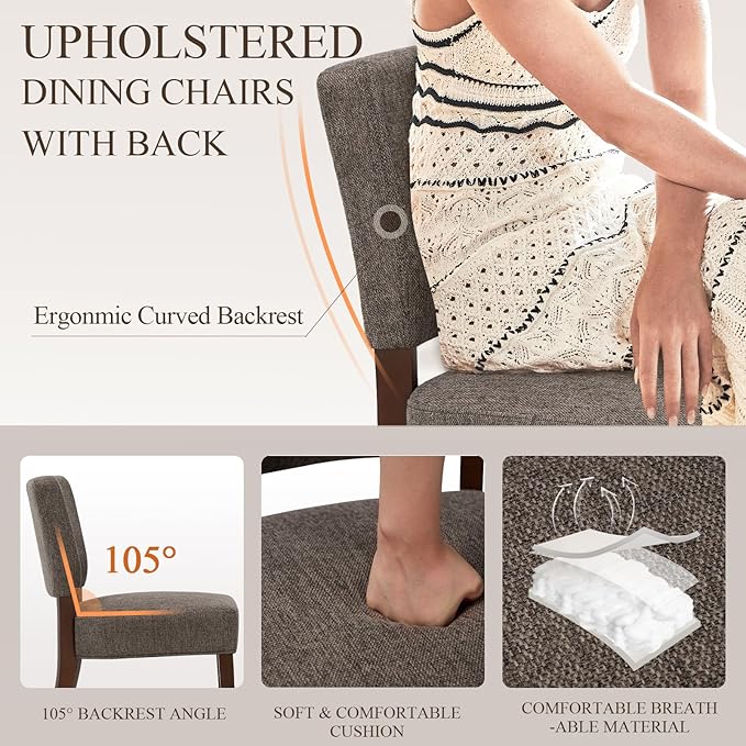 COLAMY Mid Century Modern Dining Chairs Set of 4, Upholstered Kitchen Chairs with Back, Farmhouse Fabric Side Dining Room Chairs with Wood Legs for Dining Room Kitchen Restaurant, Brown