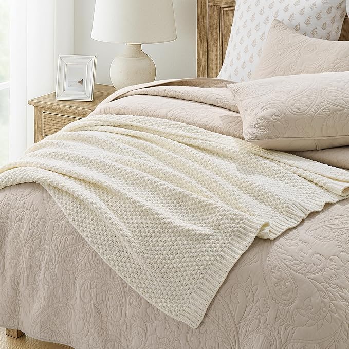 EVERGRACEHOME Chunky Chenille Knit Throw Blanket for Couch, Soft Luxurious Moss Stitch Blankets for Bed, Cozy Decorative Farmhouse Knitted Throws for Sofa, Ivory White, 60" x 80"