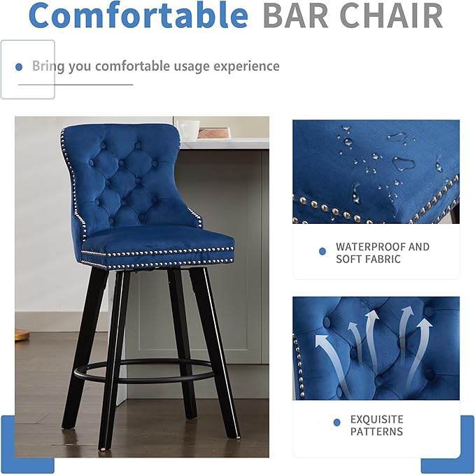 YISHENG Modern Swivel 27" H Seat Set of 4 Velvet Barstools with Backrest and Footrest,Button Tufted Rivet Trim Dining Room Chairs with Metal Pull Ring for Kitchen Island，Bistro, Home Bar，Blue