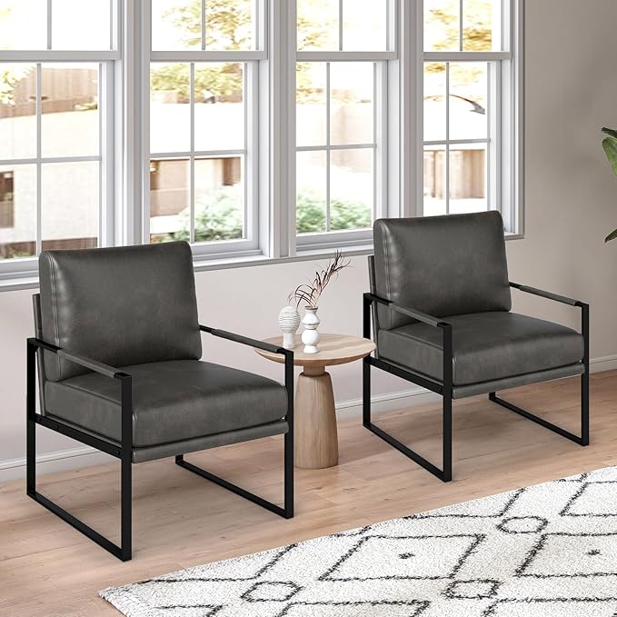 Phoenix Home Mid Century Modern Faux Leather Accent Chair, Metal Framed Armchair with Extra Soft Removable Seat Cushion & Backrest for Living Room Bedroom Waiting Room, Easy to Clean, Gray