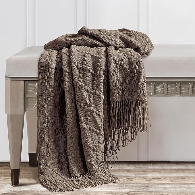 BOURINA Brown Throw Blanket 50 x70 Inches Jacquard Argyle Throw Textured Solid Soft Throws and Blankets for Sofa or Bed Knitted Decorative Blanket