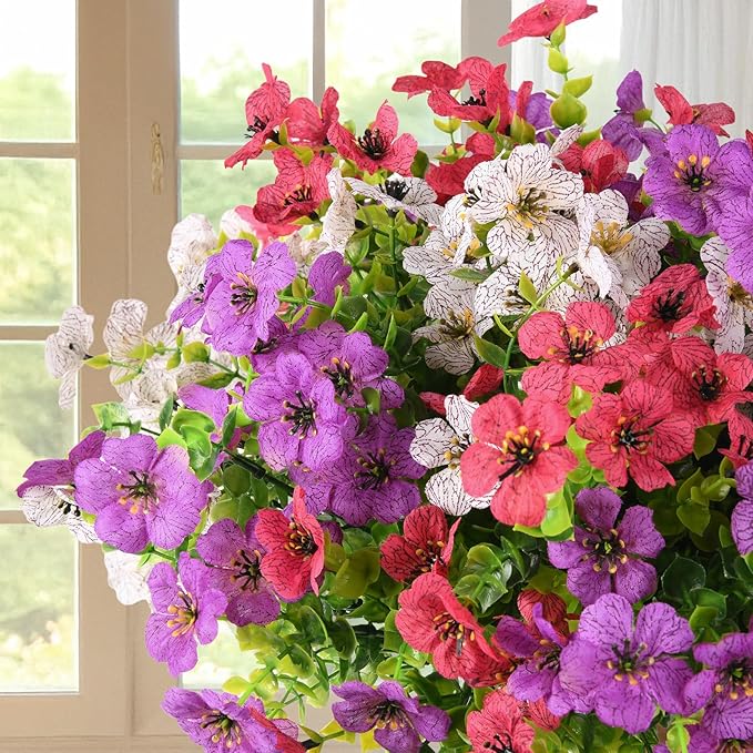 Artificial Flowers Faux Plants Outdoor Fake Flowers Spring Decor,12 Bundles Realistic Plastic Plant Colorful Daisy UV Resistant for Porch Patio Home Yard Garden Window Box Pot Planters