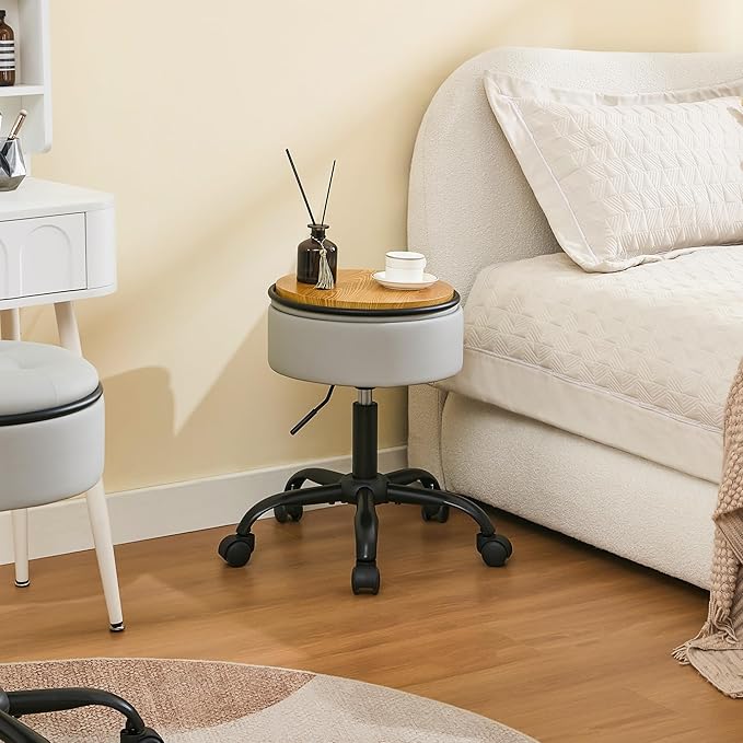 Rolling Chair (Stool & Small Table in One) (Adjustable Height Leather Pedicure Chair 20.67"-24.61"), Gray Tattoo Stool with Storage