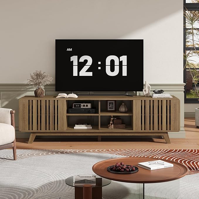 ONBRILL 70-Inch TV Stand for TVs up to 80 Inch, Mid-Century Modern Television Stand with Power Outlet， Entertainment Center with Sliding Grille Door Cabinets and Open Shelves for Living Room, Oak