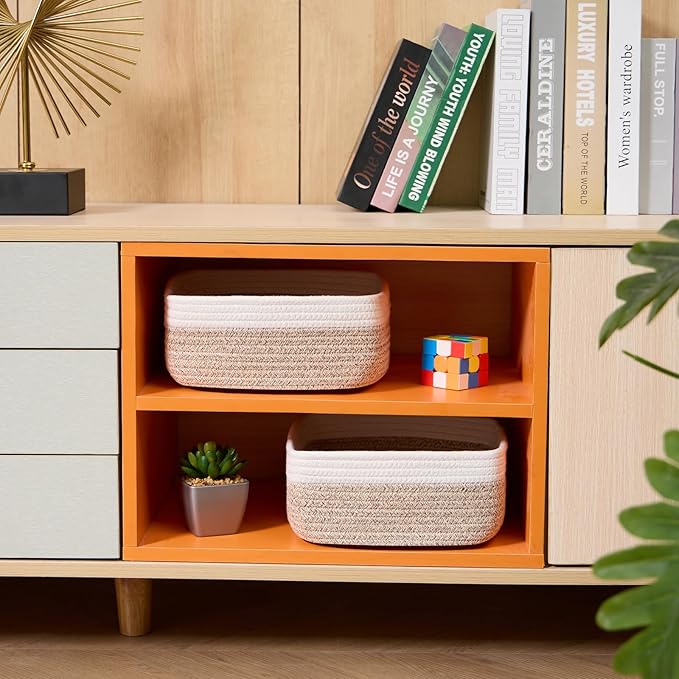 Small Square Shallow Baskets for Organizing, 9.7x9.7x4.3 Inch Rope Woven Storage Bins for Cubes Closet, Shelves Storage, Boho Decorative Basket, 2 Packs Off White Brown