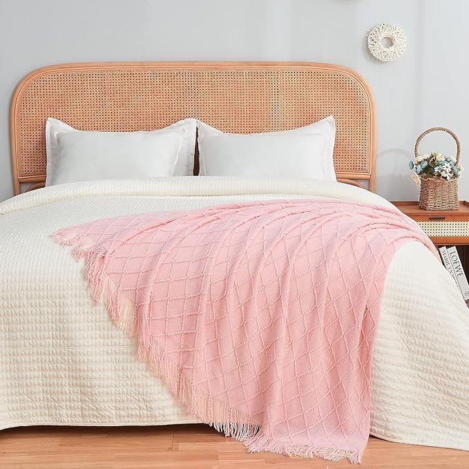 inhand Knitted Gift Throw Blankets for Couch and Bed,Valentines Day Decor Blanket for Her Him Girlfriend Wife, Pink Romatic Lightweight Decorative with Tassel, Farmhouse Warm Woven for Women, 50"x60"