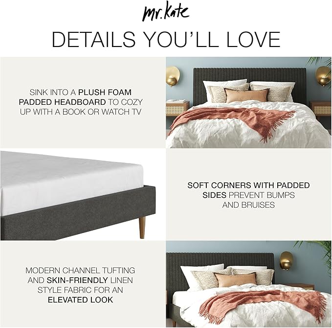 Mr. Kate Daphne Upholstered Queen Bed Frame with Headboard, Modern Platform Queen Bed Frame, Dark Gray Linen
