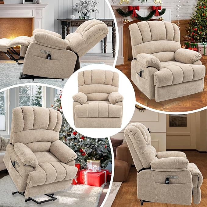 Power Lift Chair with Massage Lumbar Heating, Large Recliner Chair for Adult, 23" Wide Seat Big and Tall Recliner Sofa with Remote Control, Standing Assistance, Cup Holders, Beige