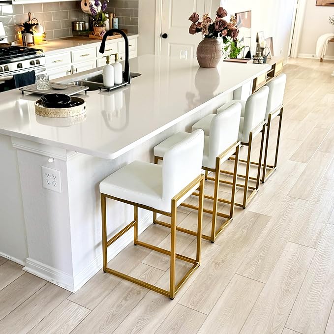 ALPHA HOME 24 Inch Bar Stools Set of 6, Kitchen Counter Stools with Backs, PU Leather Barstools, White Bar Stools with Upholstered Footrest, Sturdy Chromed Metal Steel Frame, White