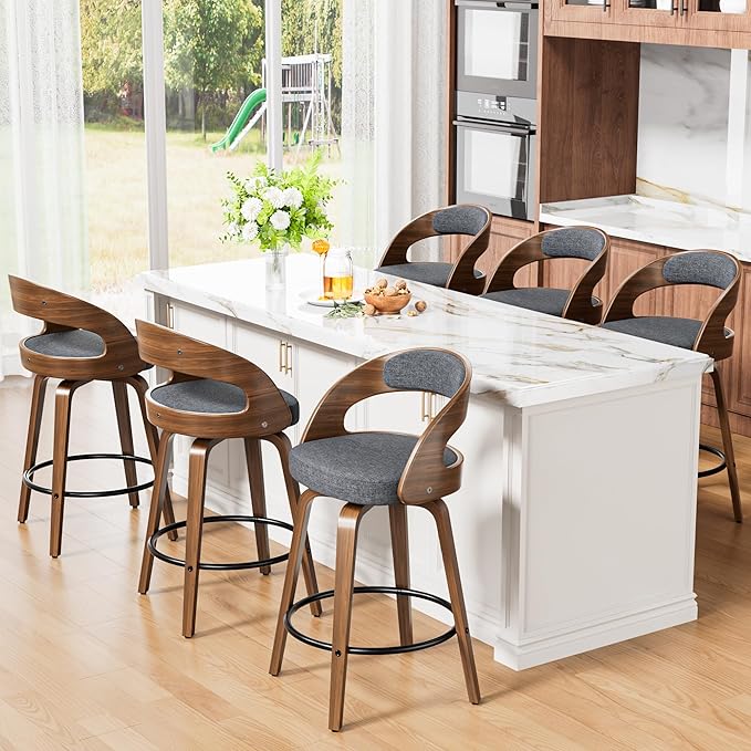 Swivel Bar Stools Set of 6, 26" Upholstered Linen Fabric Barstools with Bentwood Legs, Mid Century Modern Counter Height Bar Stools with Back for Kitchen Island, Dining Room, Grey