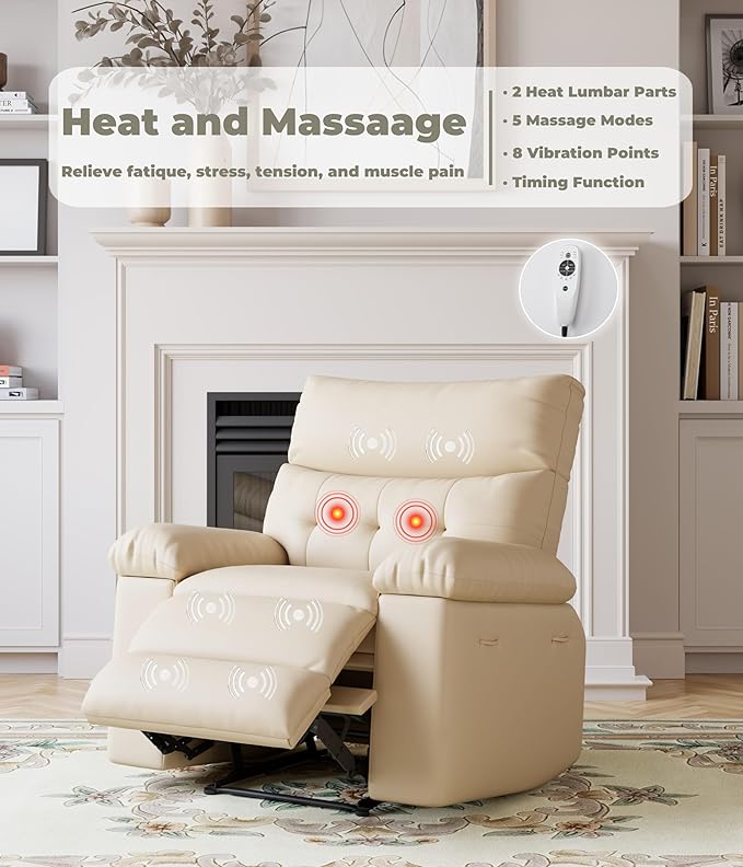 GarveeHome Oversized Wide Recliner Chair - Heat and Massage, PU Leather Extra Wide Manual Recliner for Adults, Large Lazy Chair with 1.5X Sponge Comfort Arm and Back for Living Room, Bedroom