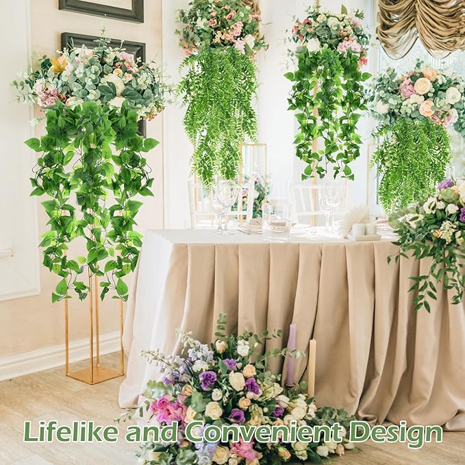 Hoteam 18 Pcs Artificial Hanging Plants 32 Inch Fake Ivy Vines with Fake Leaves Patio Artificial Plants Greenery for Living Room Indoor Outdoor Wall, No Basket (Pothos,Persian Grass)