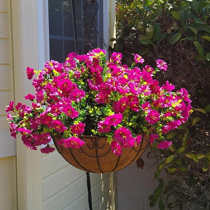 Artificial Outdoor Flowers 16 Bundles Fake Morning Glory Flower Outdoor UV Resistant Plastic Faux Flowers Plants for Decoration Indoor Outdoor Hanging Window Box Planter Home Porch Decor (Fuchsia)