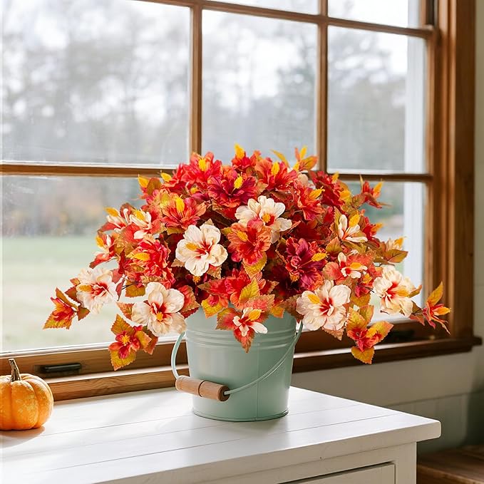 Fake Fall Flowers Artificial for Outdoors Decoration 2PCS Faux Orange Flowers for Outdoor Planters Outside Hibiscus Flower Fall Décor for Home Front Porch Yard Patio