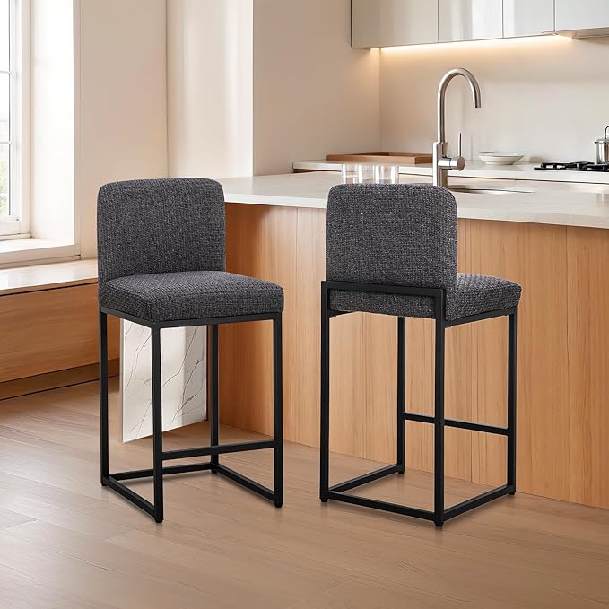 ALPHA HOME 24" Bar Stools Set of 2 Kitchen Counter Stools with Back, Counter Height Stools with Upholstered Footrest for Kitchen Island, Metal Steel Frame, Chenille, Darkgray