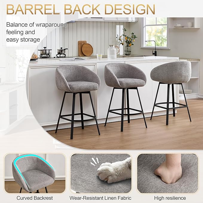 Zesthouse Swivel Counter Height Stools Set of 4, Modern Barrel Bar Stools for Kitchen Island, 26" Upholstered Kitchen Counter Height Barstools with Barrel Arms & Back, Grey Linen Fabric Bar Chairs
