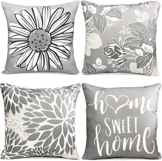 Decorative Throw Pillow Covers Set of 4 Grey Pillow Covers 22x22 inch Square Linen Throw Pillow Cases Modern Farmhouse Outdoor Couch Pillow Cover for Sofa Bedroom Living Room(Gray)